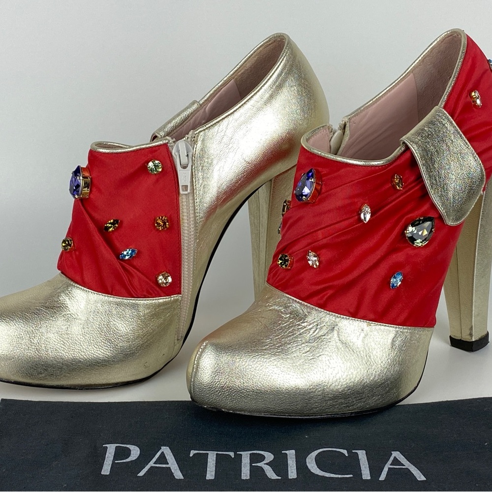 Patricia Rosales Gold Leather Red Satin Swarovski Jewel Embellished Ankle Boots - Picture 3 of 15